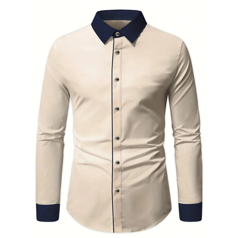 2025 FGKKS Men's Shirt Fashion New Arrival Patchwork Khaki Long Sleeve Smart Casual Elastic Quality Brand Male Business Shirt
