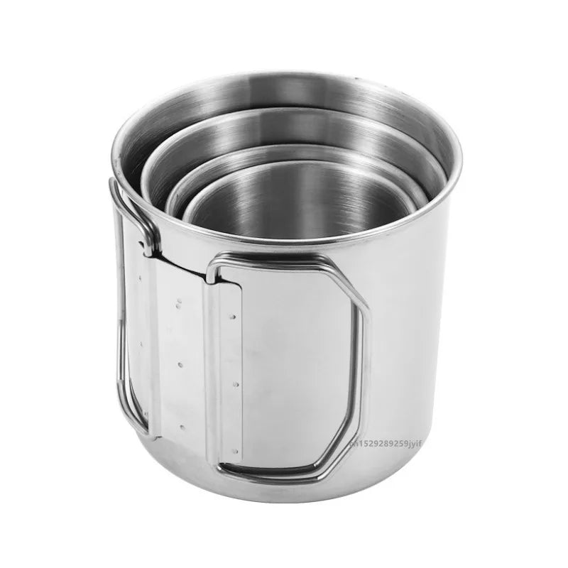 Stainless Steel Camping Cup 250/350/500/700ml Portable Mountaineering Cups With Foldable Handle Outdoor Water Mug Drinkware