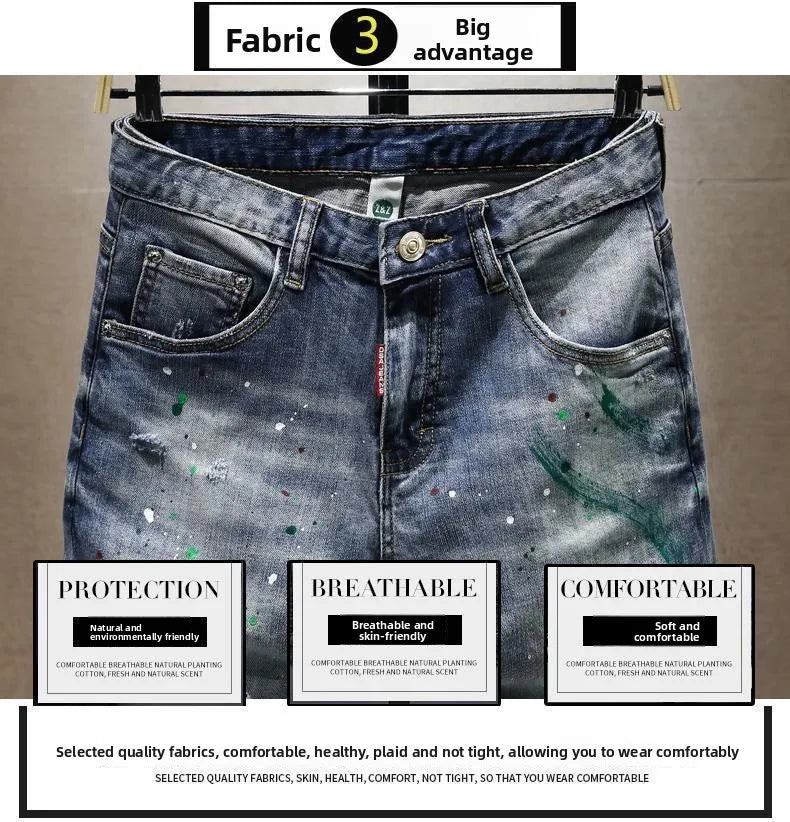 Washed Ripped Denim Men's Trendy Brand Spray Paint Medium Summer Thin Elastic Patch Bermuda Short Pants Men's Jeans Shorts