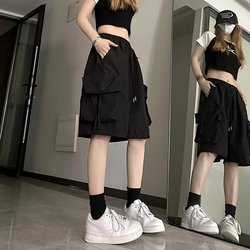 Gidyq Women High Waist Cargo Shorts American Style Streetwear Summer Wide Leg Pants Fashion Female Big Pocket Loose Shorts New