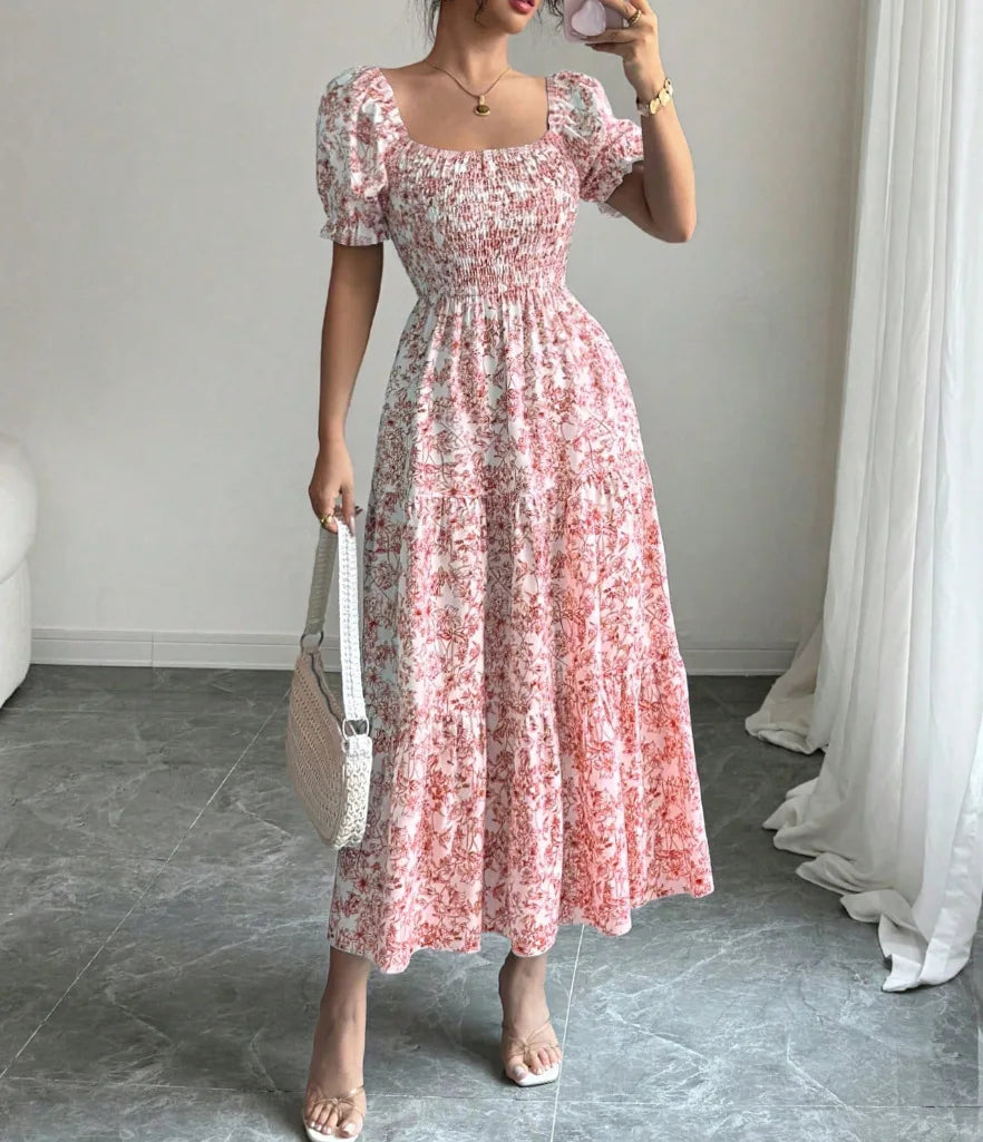 Spring and Autumn Women's Square Neck Short Sleeve Long Skirt Fresh Printed Casual Fashion Slight Backless Temperament Dress
