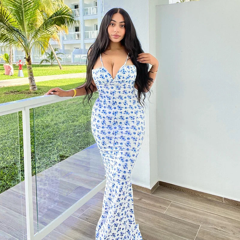 Hugcitar Floral Print Sleeveless Backless Slips Lace Up Maxi Dress Sexy Bodycon Summer Elegant Outfits Holiday Party Wholesale