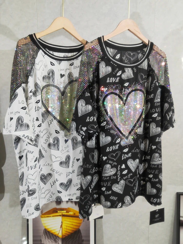 Fashion Brand Tshirts Heavy Industry High Temperature Rhinestone Love Cartoon Summer New Short Sleeve T-shirt Chiffon  Tees Tops