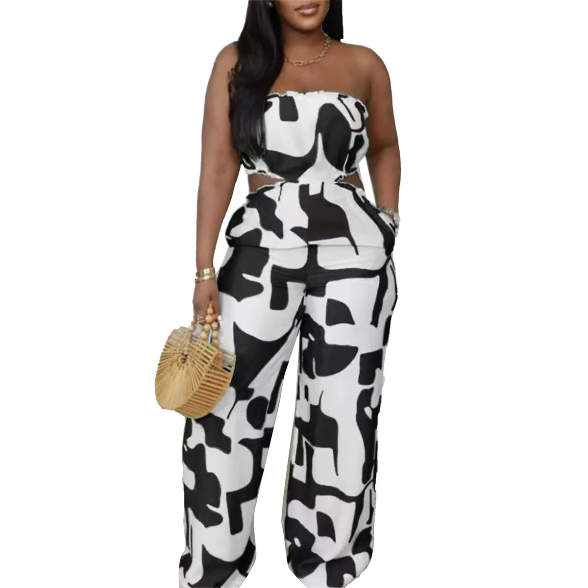 2025 Elegant Sleeveless Hollow Out Casual Style Women Tube Top with Wide-leg Jumpsuit Long Pants