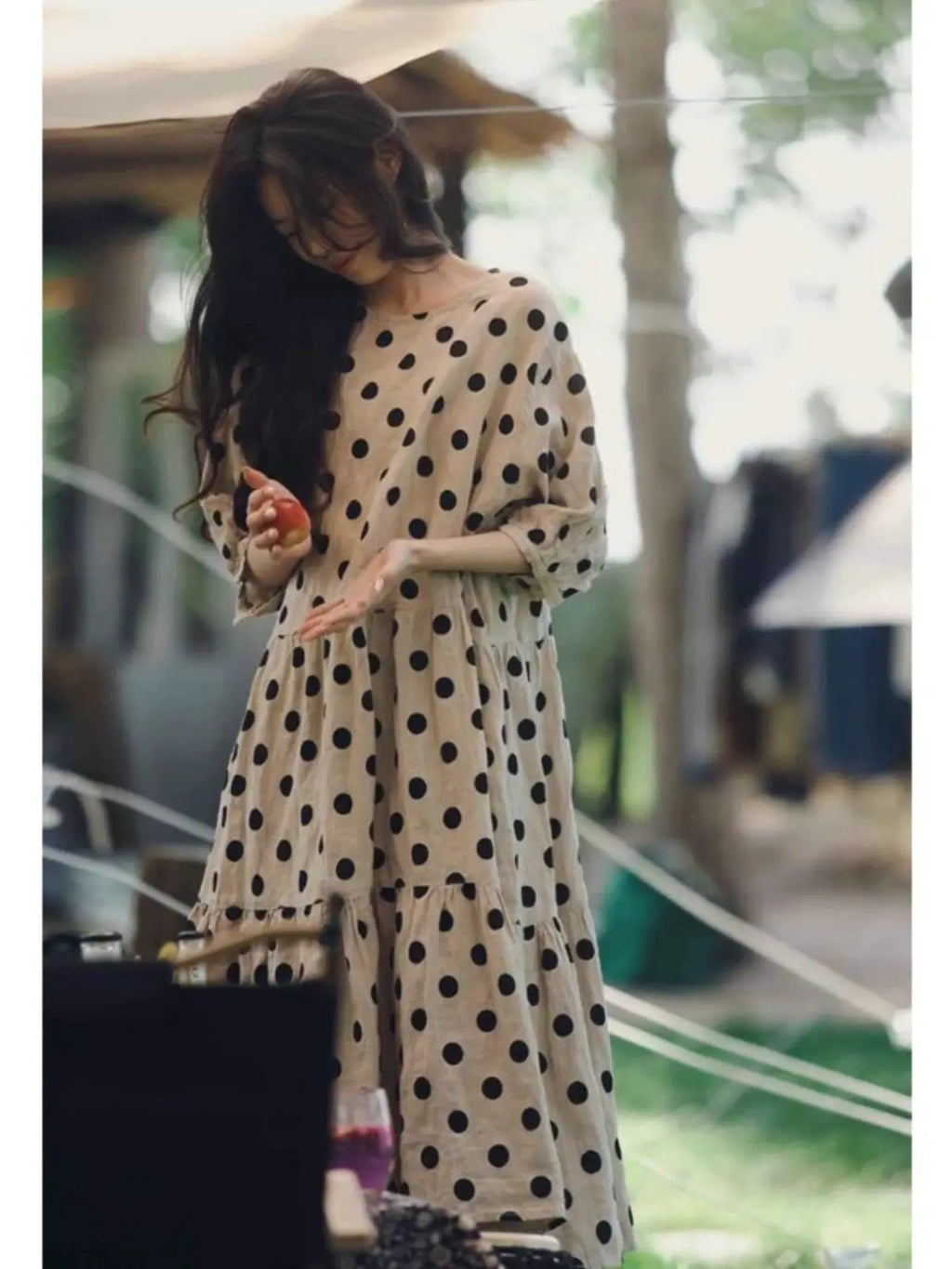 Fashion Retro Cotton and Linen Polka Dot Dress for Women Loose Slim Puff Sleeve Linen Doll Skirt