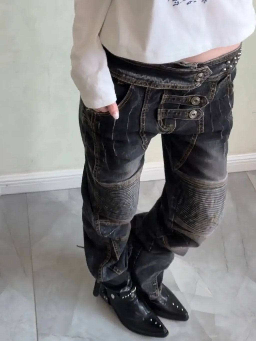 Women's Dark Academia Low Rise Stacked Jeans American Retro Denim Pants Y2k Abi Designer Skinny Jeans Harajuku Japanese Goblin