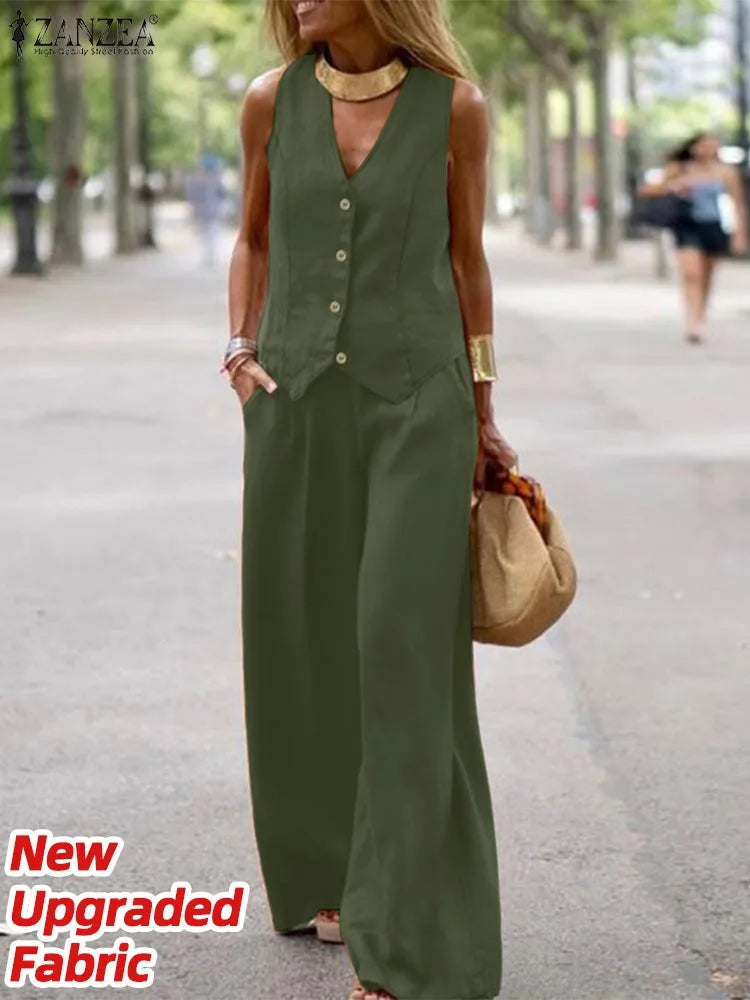 ZANZEA 2026 Women's Two-Piece Sets Wide Leg Pants & Vest Tops Summer Elegant Casual Pant Suits Outfits Office Work Plus Size 5XL