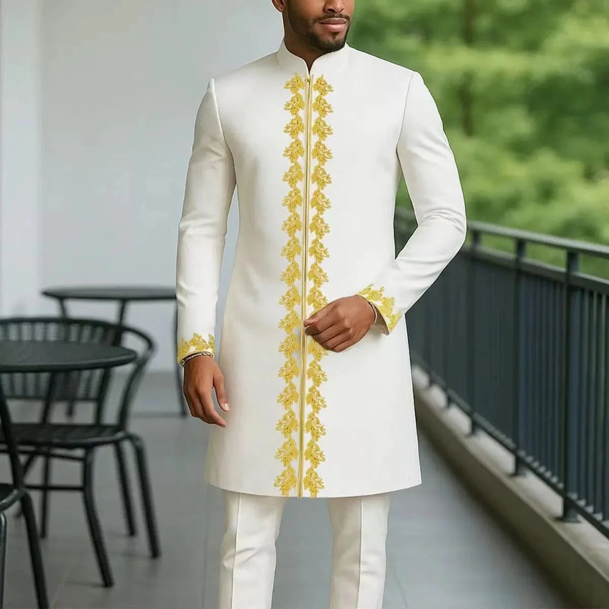 White Kaftan Men's Suit Embroidery Floral Top Pants Kaunda Suit African Casual Outfits Wear Traditional 2PCS Set Wedding Tuxedo