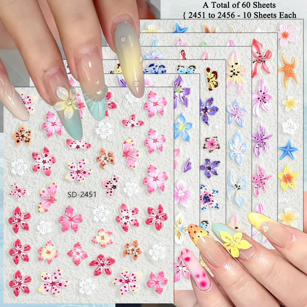 3 to 120 Sheets Tropical Flower Nail Stickers Hibiscus Butterfly Starfish Nail Decals 5D Embossed Self Adhesive Summer Nail Art