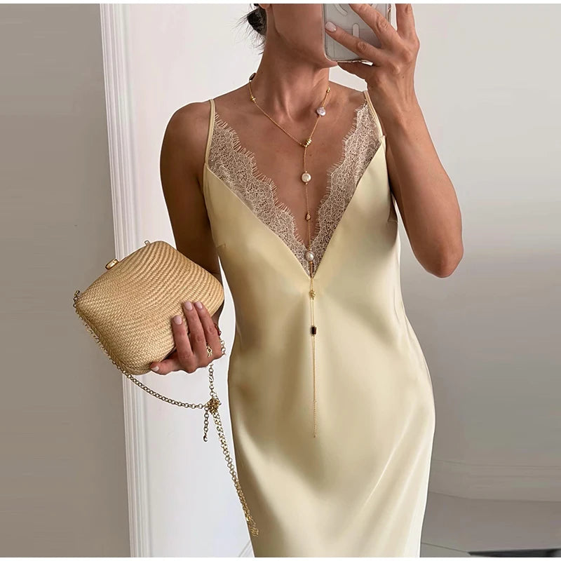 Elegant Women's Stain Lace Sling Long Dress Loose Sleeveless V-neck Backless Solid Dresses 2026 Spring Summer Lady Party Robes