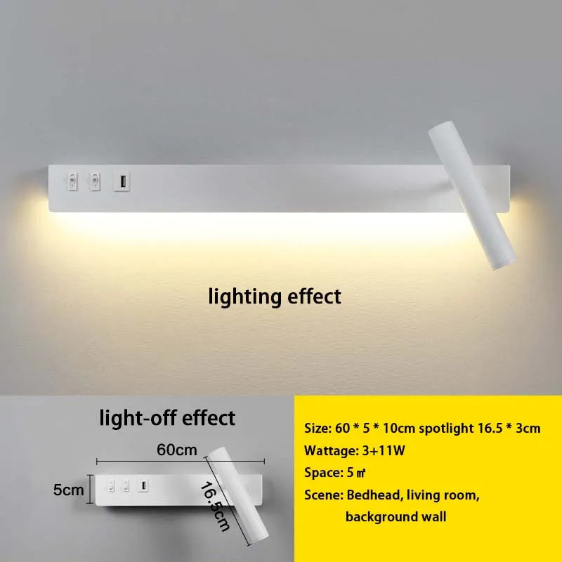 LED wall light with switch, rotatable USB reading spotlight, spotlighting, bedroom bedside hallway home decoration wall light