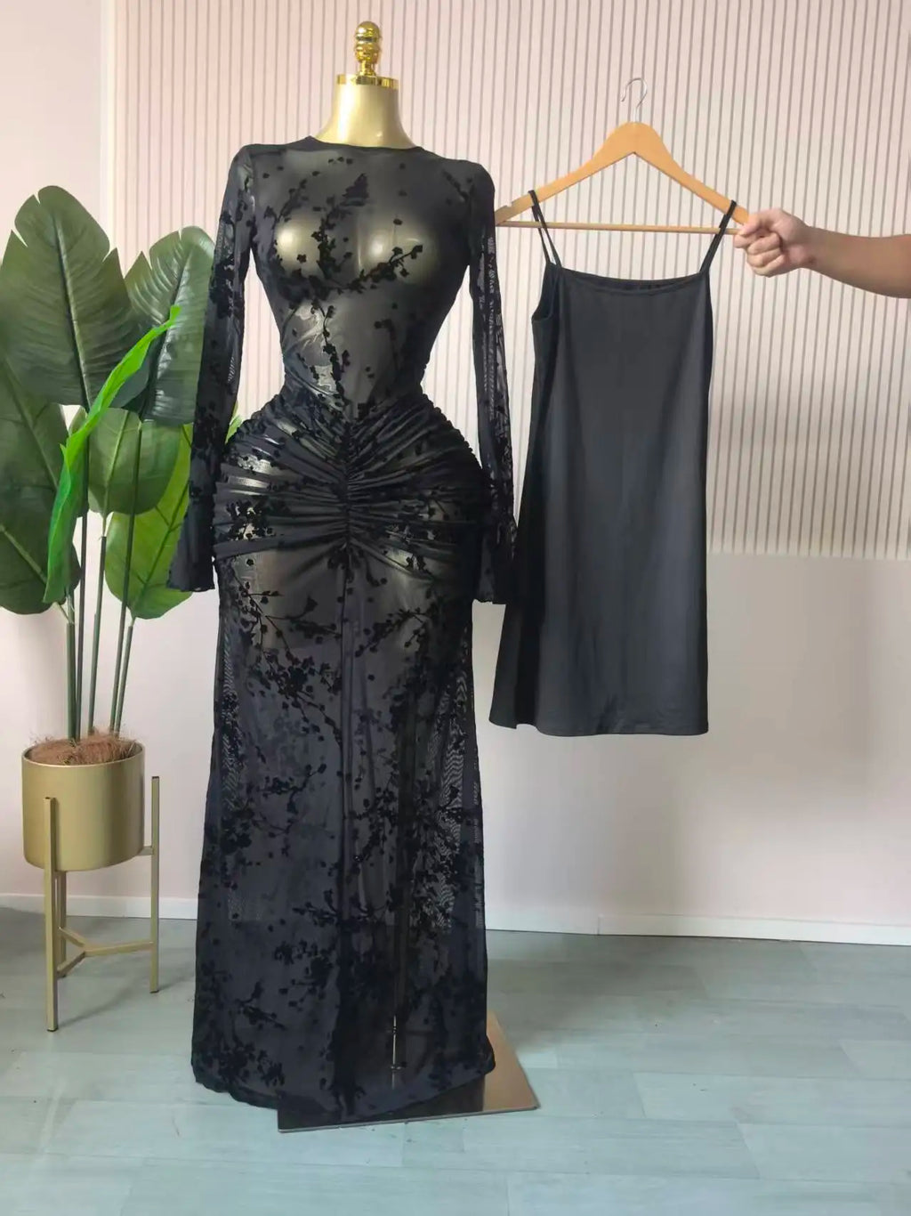 CM.YAYA 2025 Fall Women Long Sleeve Stacked Mesh See Though with Lining Bodycon Long Dress Evening Birthday Sexy Party Dresses