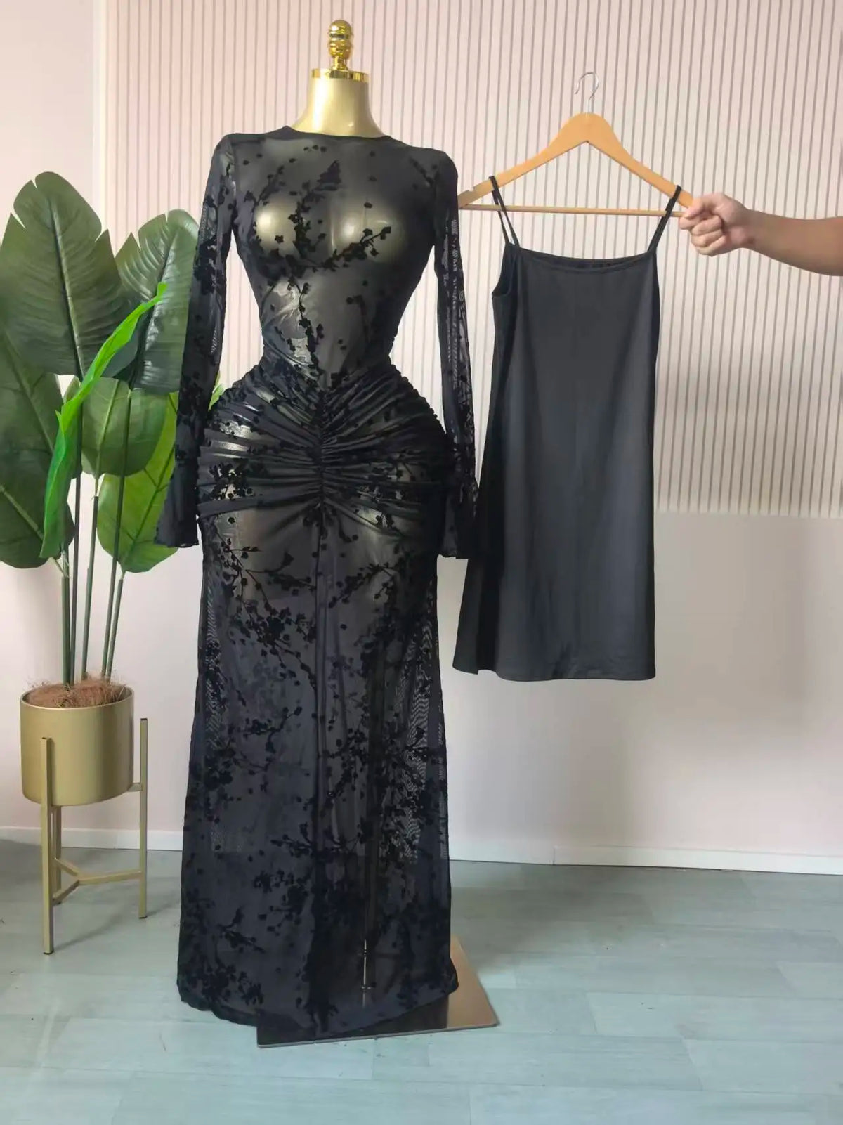 CM.YAYA Women Long Sleeve Ruched Mesh See Though with Lining Bodycon Long Dress 2025 Fall Evening Birthday Sexy Party Dresses