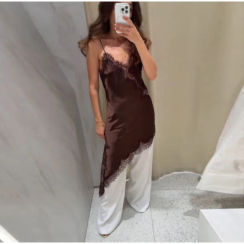 Sexy V-neck Sling Dress Women Fashion Sleeveless Lace Patchwork Irregular Mini Dresses 2025 Lady Summer Chic Casual Holiday Robe