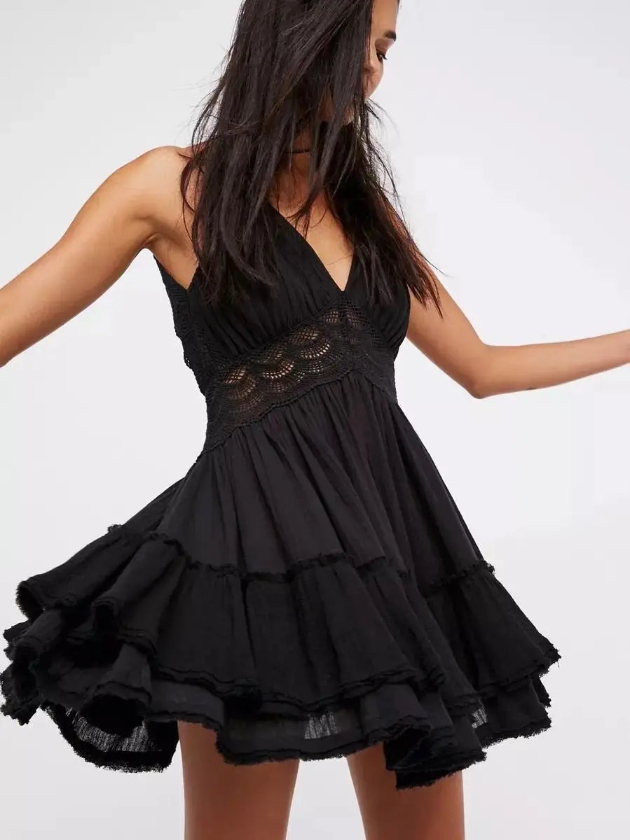Women's Sexy Backless Lace Spliced Dress Summer V neck Mini Dresses Ladies Fashion Clothes Elegant Evening Dress Drop Shipping