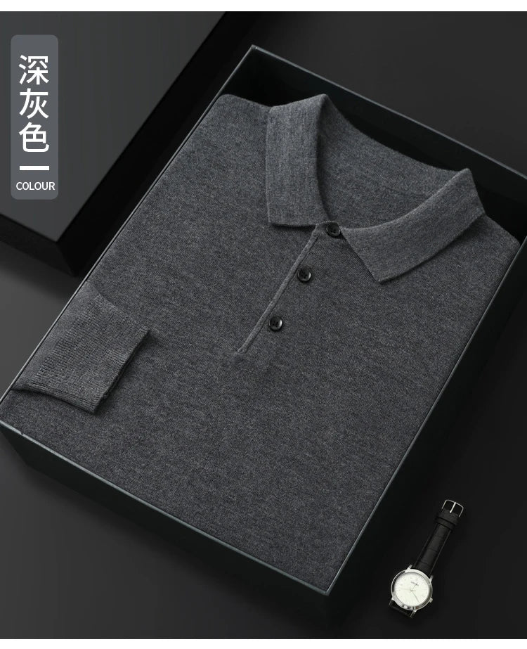 Men's Worsted Wool Kknit Pullover, Business Casual Polo Neck Sweater, Monochromatic Loose Top, Autumn and Winter Fashion, New