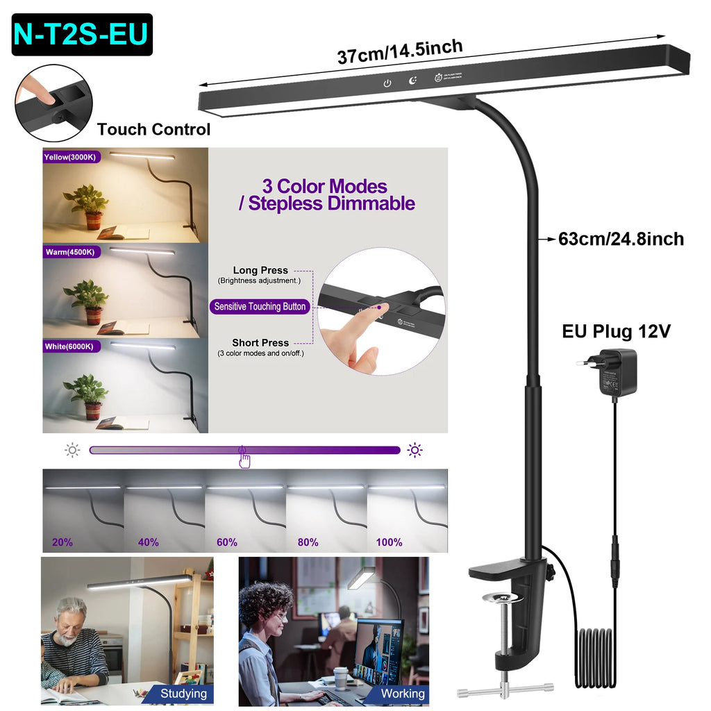 NEWACALOX EU/US 12V 24W Touch Control Desk Lamp with Clamp 360° Adjustable Gooseneck 3 Colors Table Light for Home Office Study
