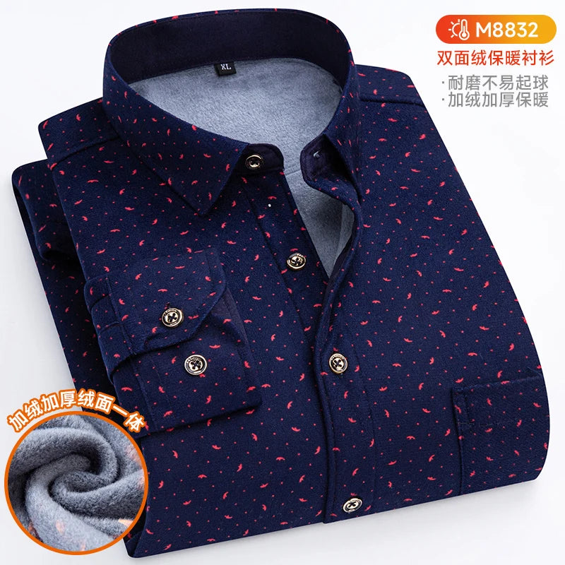 Winter Warm Shirts For Men Regular Fit Thicker Velvet Top Blouse Asia Plus Size Big Plaid Casual Clothing Long Sleeves Shirts