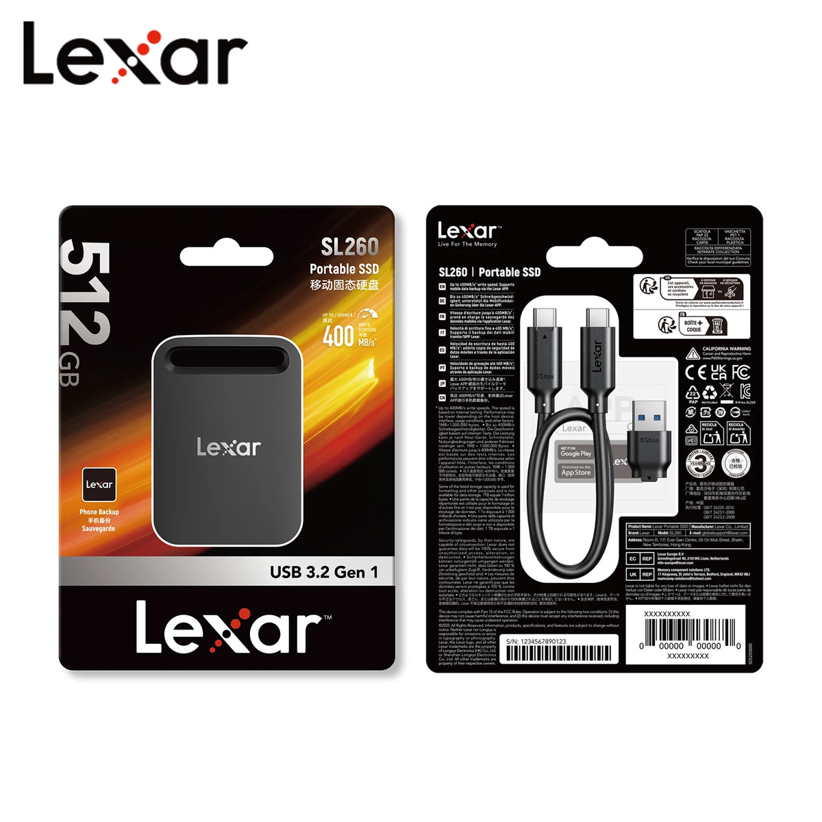 Lexar Portable Solid State Drive SL260X USB3.2 Type-C PSSD 512GB 1TB External Hard Drive Max 390Mb/s Read 400Mb/s Write SSD Disk