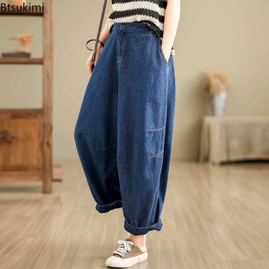 2026 New Women's Retro Literary Baggy Jeans Simple Versatile Wide-leg Washed Denim Trousers Casual Streetwear Ladies Harem Pants