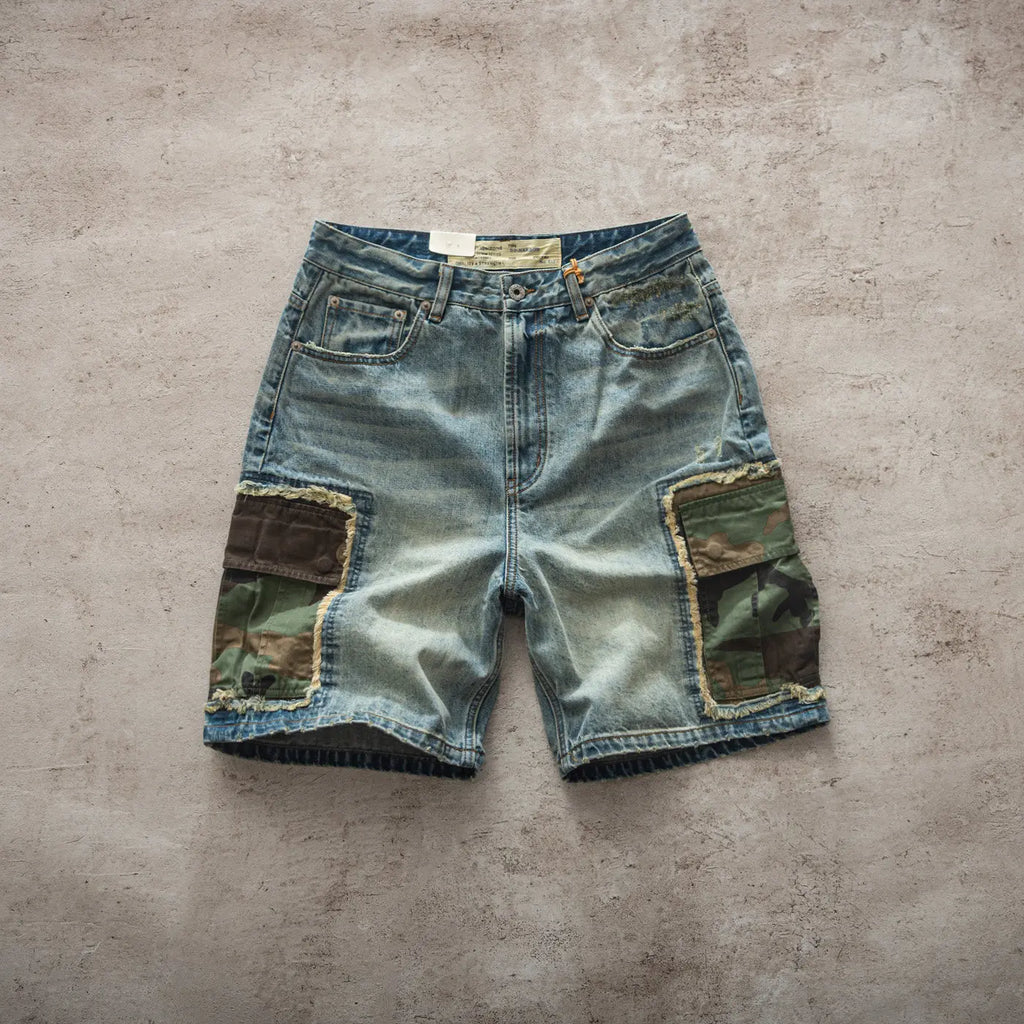 Summer New American Retro Camouflage Patch Pocket Denim Shorts Men's Fashion 88% Cotton Washed Old Straight Casual 5-point Pants