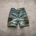 Summer New American Retro Camouflage Patch Pocket Denim Shorts Men's Fashion 88% Cotton Washed Old Straight Casual 5-point Pants