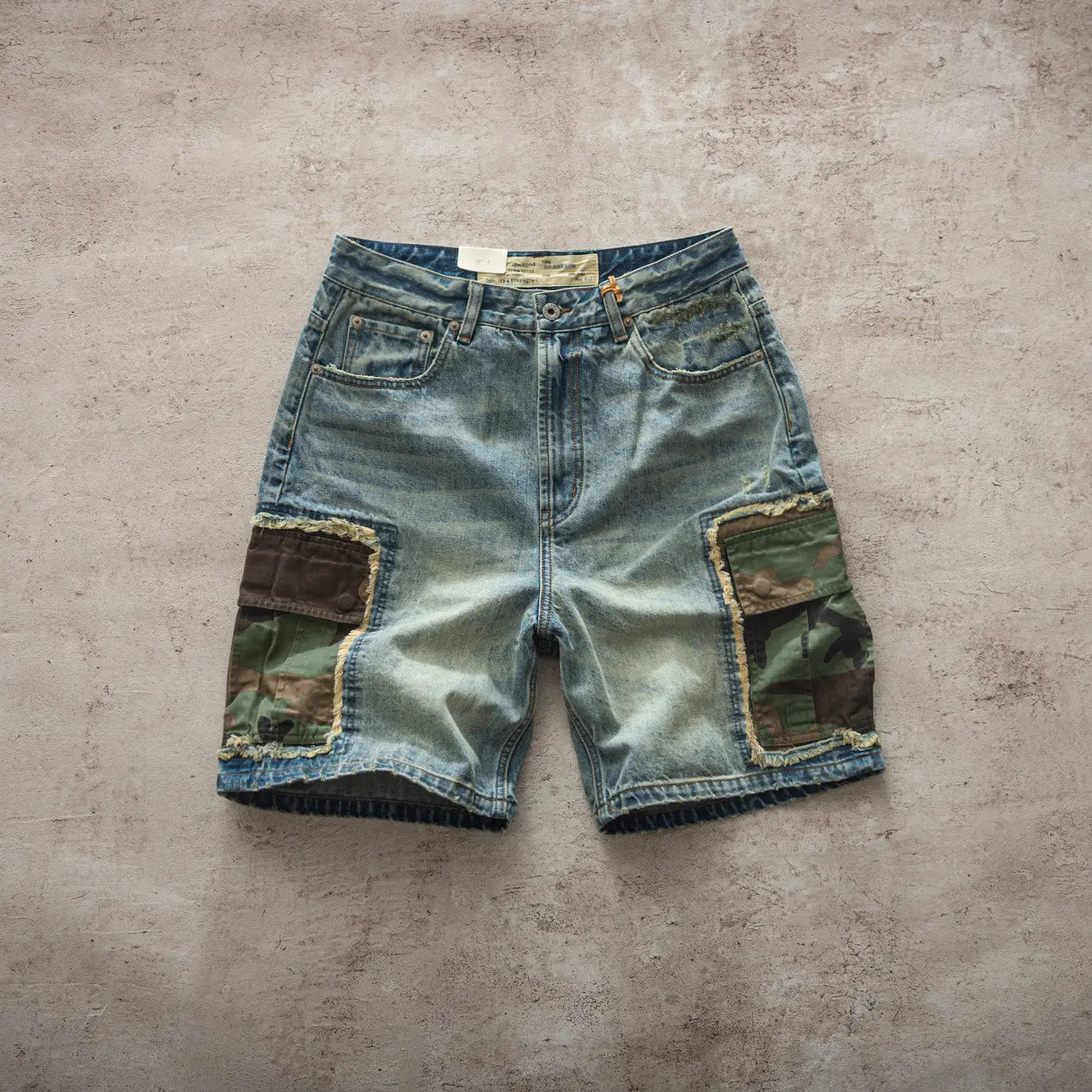 Summer New American Retro Camouflage Patch Pocket Denim Shorts Men's Fashion 88% Cotton Washed Old Straight Casual 5-point Pants