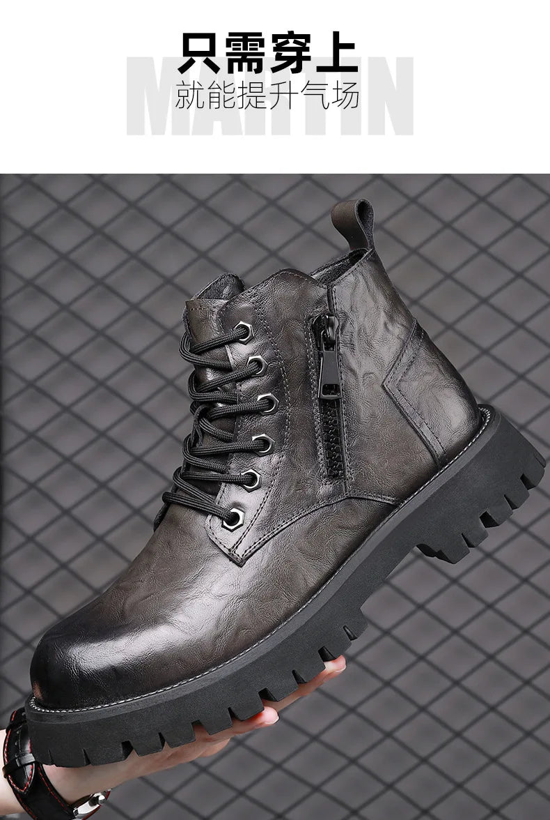 2025 autumn and winter boots men's British style versatile high top leather shoes workwear snow leather boots men's short boots