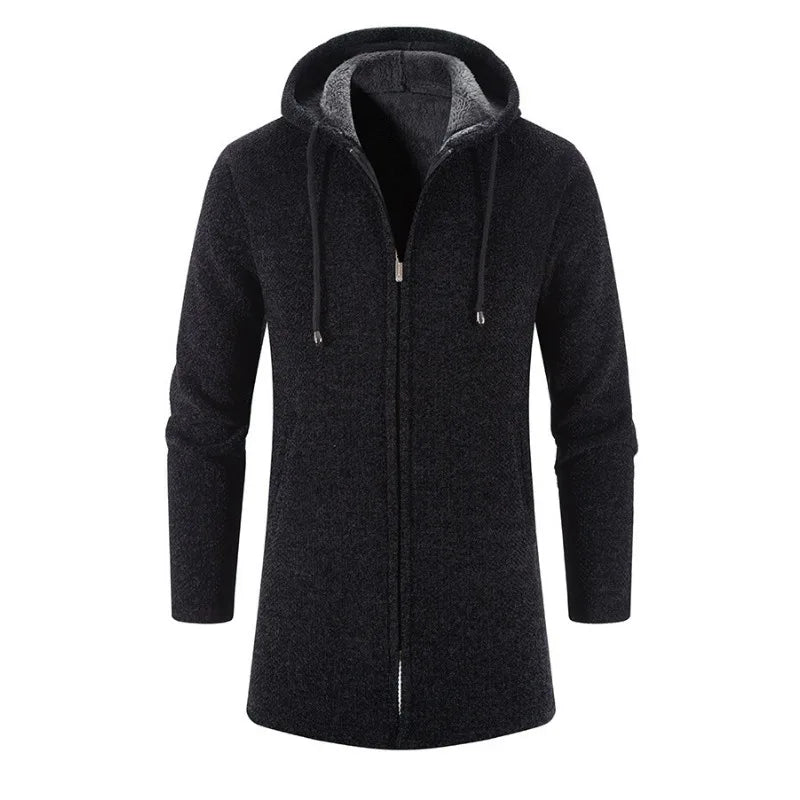 KIDWHXR Man Autumn Winter Cardigan Jacket Fleece Warm Hooded Sweater Coat Male Mid Length Long Sleeve Male Casual Outerwear