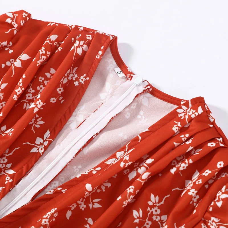 Sexy Deep V-neck Women's Floral Print Dresses 2026 Summer Elegant Waist-cinching Short Sleeve Pleated Long Robes Ladies Dress