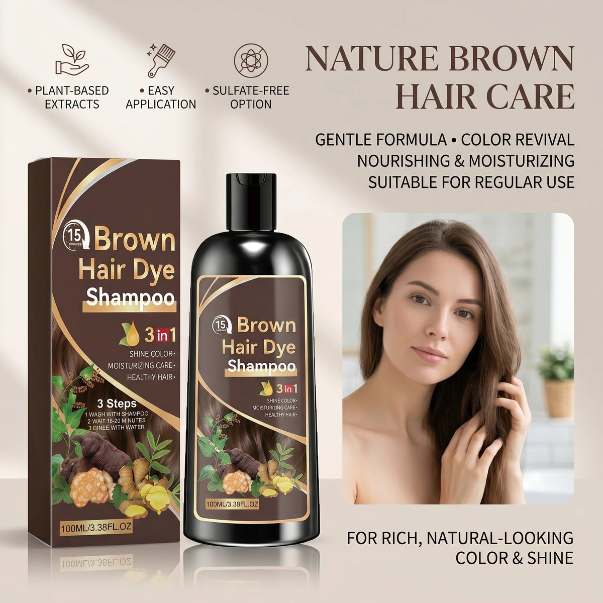 Natural Plant-Based Hair Coloring Shampoo Moisturizing Coverage Gray Hair Long-Lasting Black Color 3 in 1 Black Hair Dye Shampoo