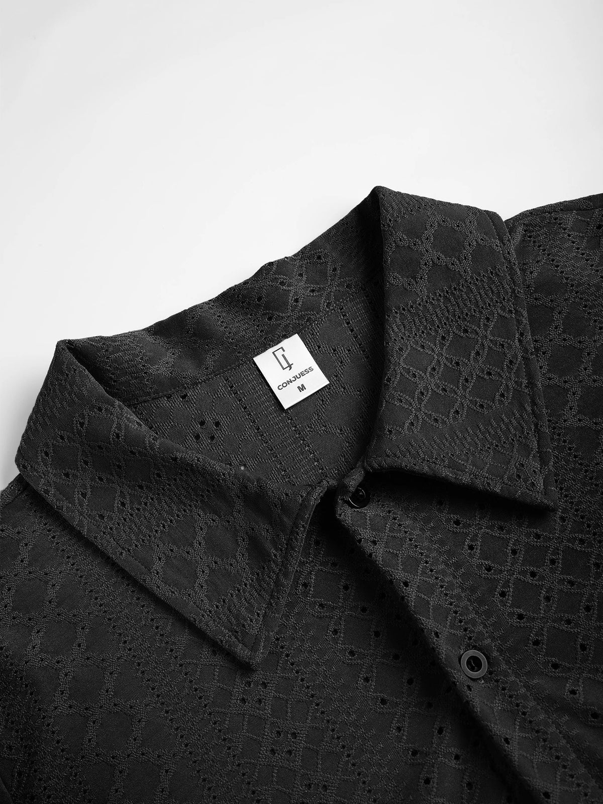 Men's Black Diamond Jacquard Short Sleeve Shirt Summer Smart Casual Loose Top