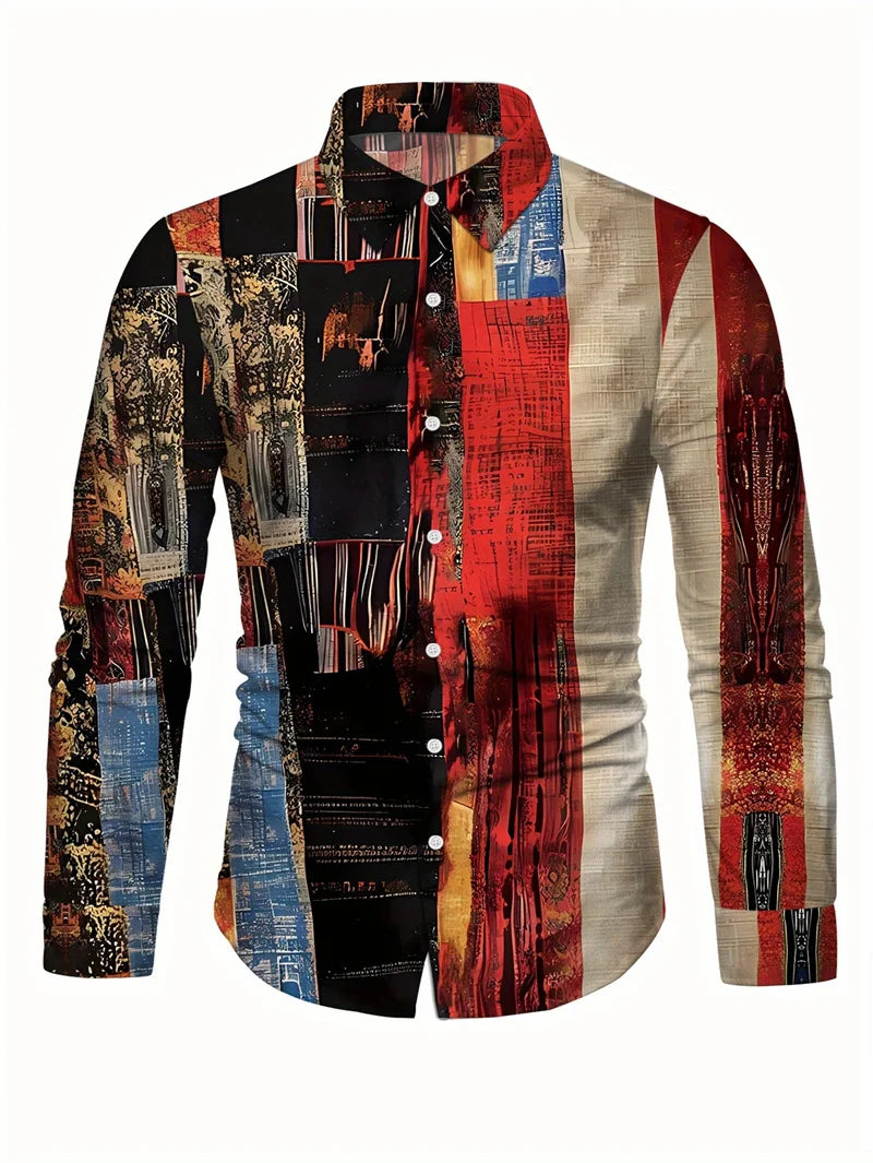 2025 men's printed casual shirt with breathable long sleeves and lead buttons suitable for spring and autumn