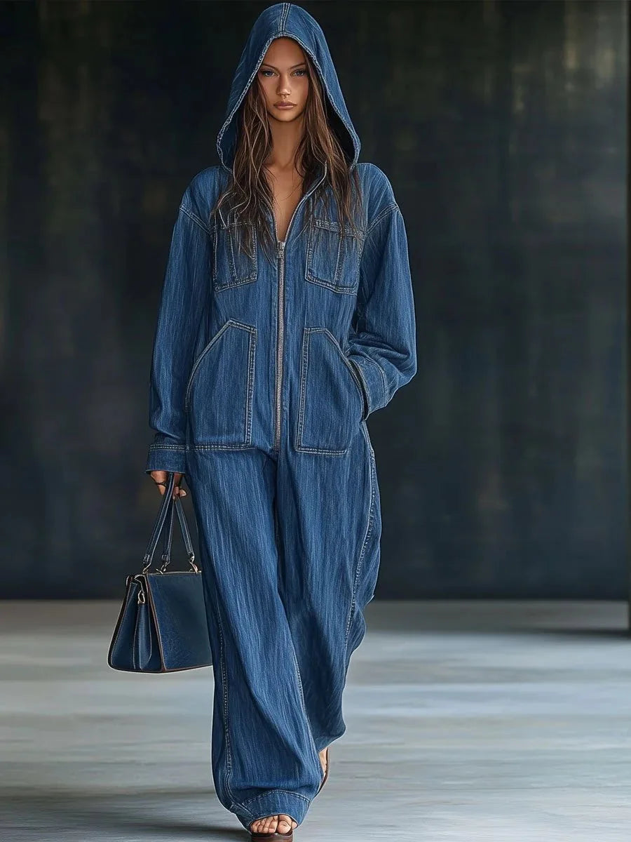 Women Denim Jumpsuits For Autumn Winter Long Sleeve Bandage Loose Fashion Streetwear Overalls Wide Leg Pants Jeans 2025