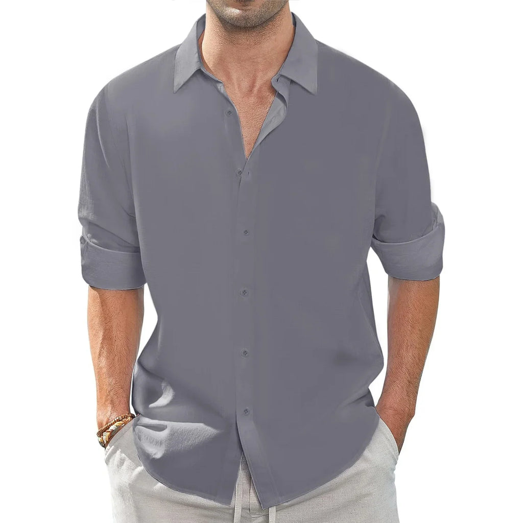 Spring Fall Men's Shirt Long Sleeve Lapel Collar Solid Color Basic Style Casula Breathable Lightweight Simple Fahion Shirts