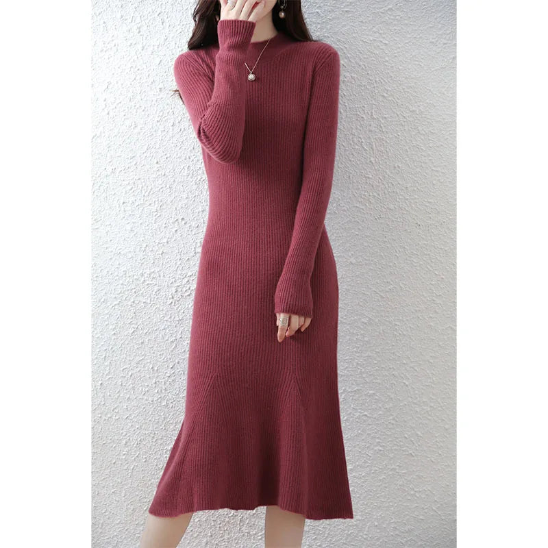 Cashmere Sweater Women's Knitted Dresses 100% Merino Wool O-Neck Elegant Party Dress Autumn Winter Female Pullover Casual Skirts