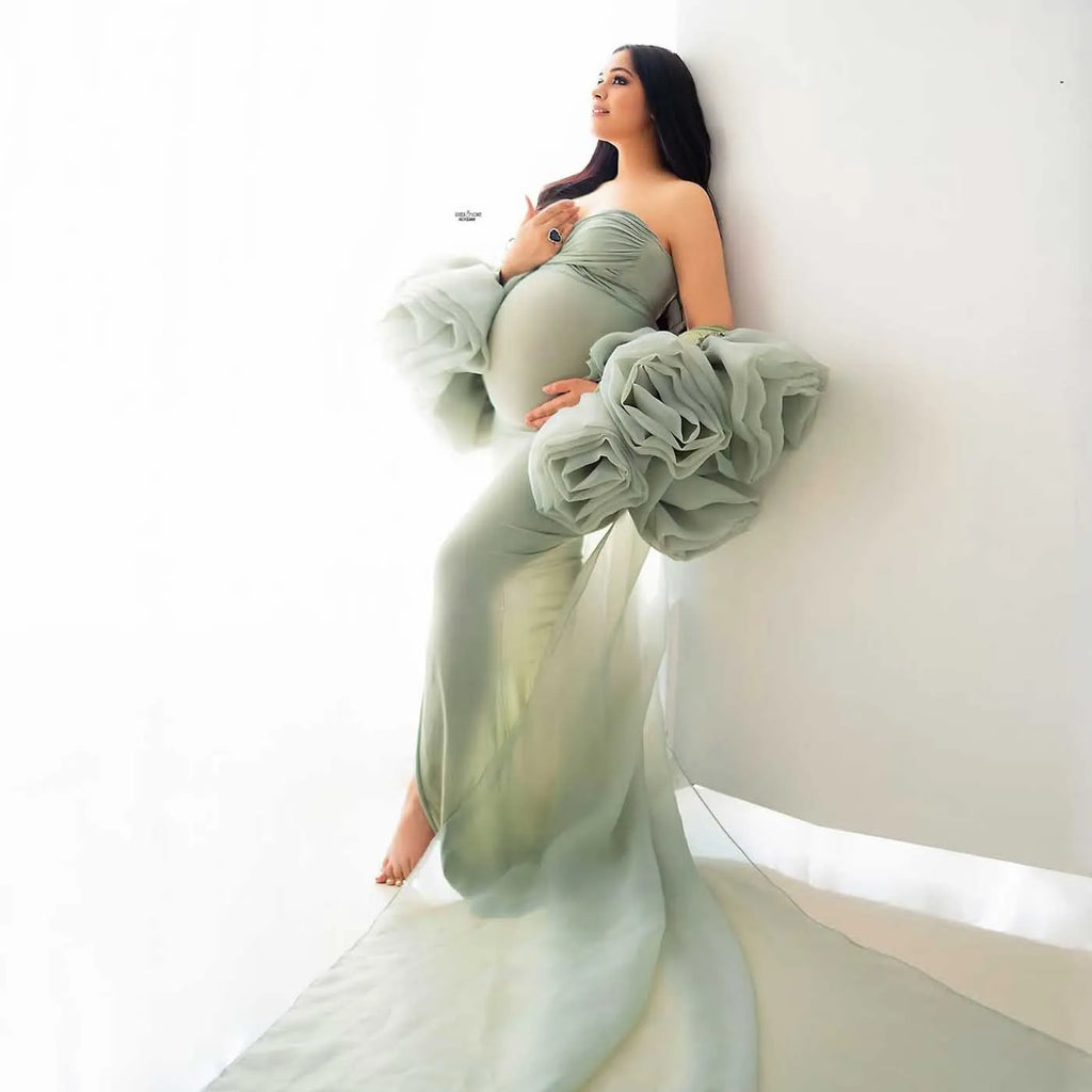 Charming Mint Green Flower Cape Maternity Dress for Photoshoot 2 Pieces Pregnancy Dress Hand Floral Maternity Dresses with Cape