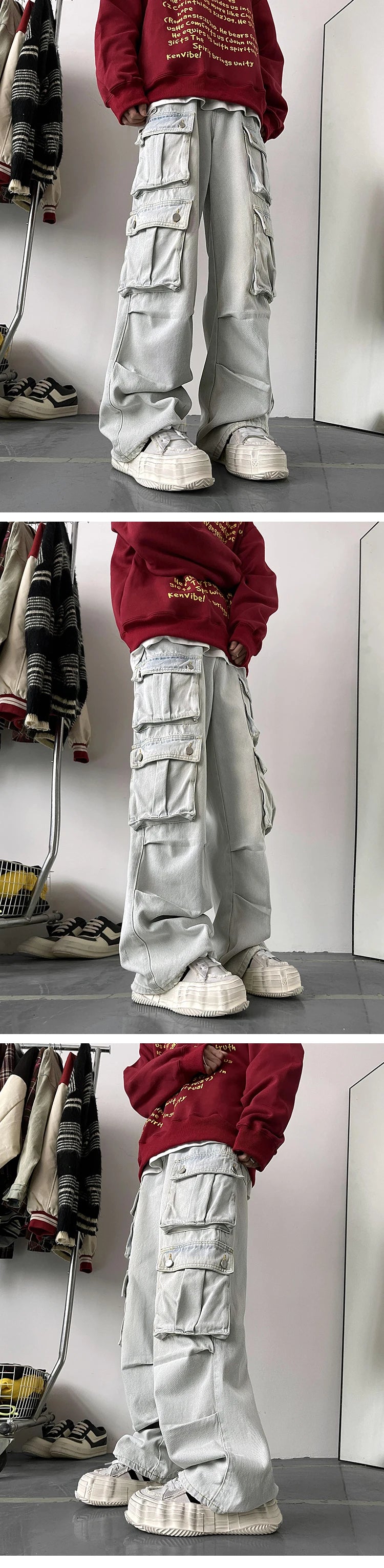 Cargo Jeans Men's Multiple pockets Patchwork Straight Casual Trousers Men Baggy Hip Hop Streetwear Loose Fashion denim Pants