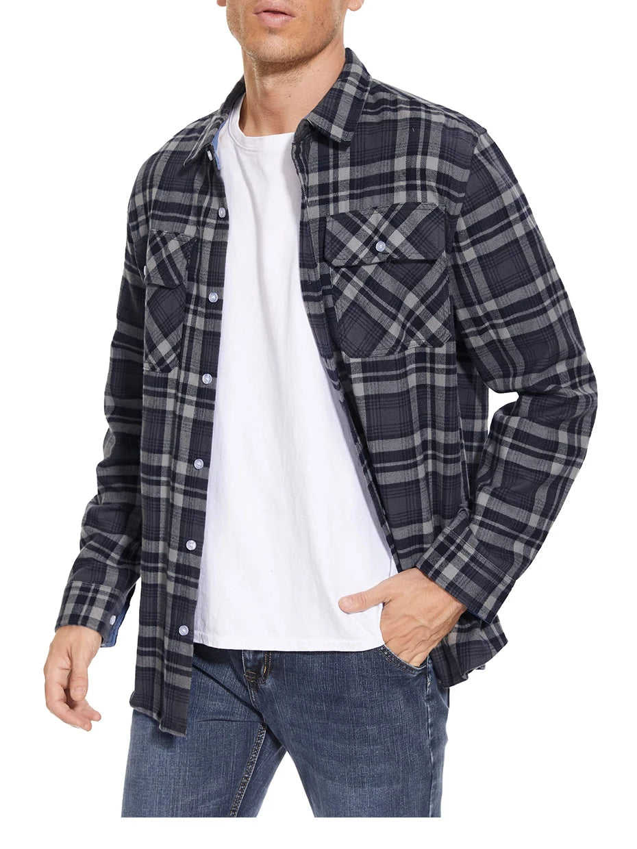 MAGCOMSEN Autumn Windproof Men's Flannel Shirt Warm Long Sleeve Casual Plaid Shirts with Two Chest Pockets