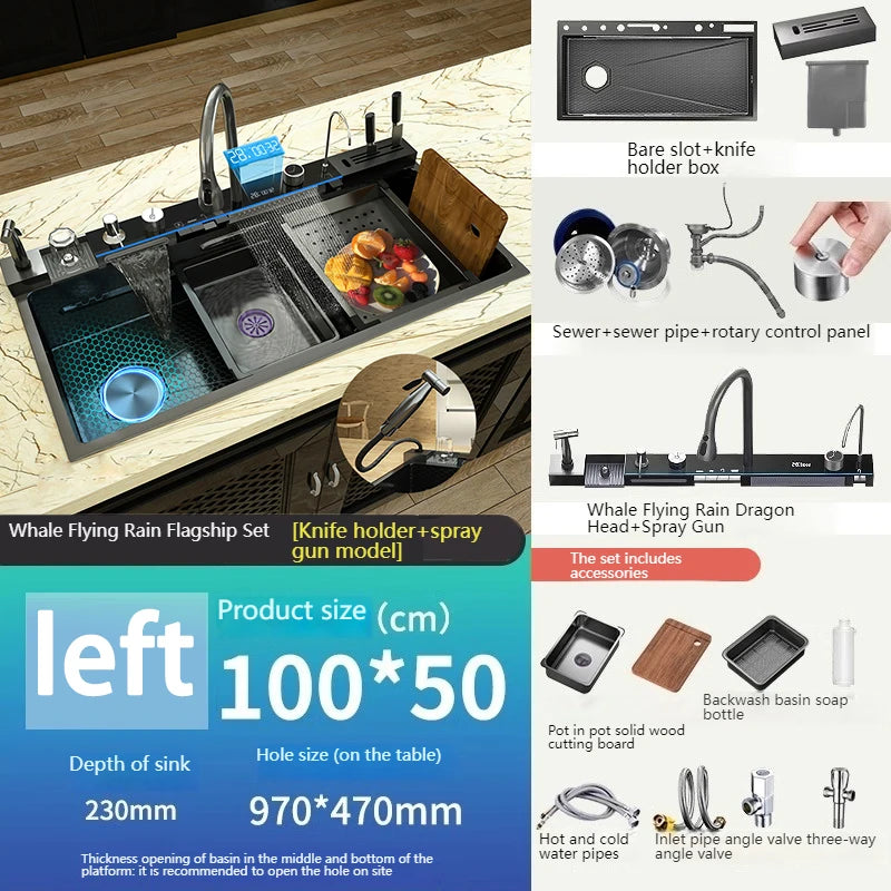 Stainless Steel Golden Kitchen Sink Multifunctional Waterfall Outlet Single Slot Piano Button Digital Display