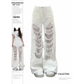 ZHIZOU Women's White Ripped Denim Pants Y2K Harajuku American High Street 2000s Wide Leg Retro Denim Jeans Boyfriend Clothing