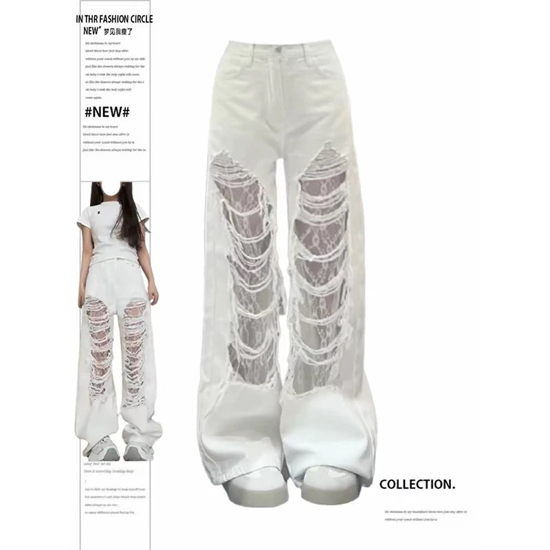 ZHIZOU Women's White Ripped Denim Pants Y2K Harajuku American High Street 2000s Wide Leg Retro Denim Jeans Boyfriend Clothing