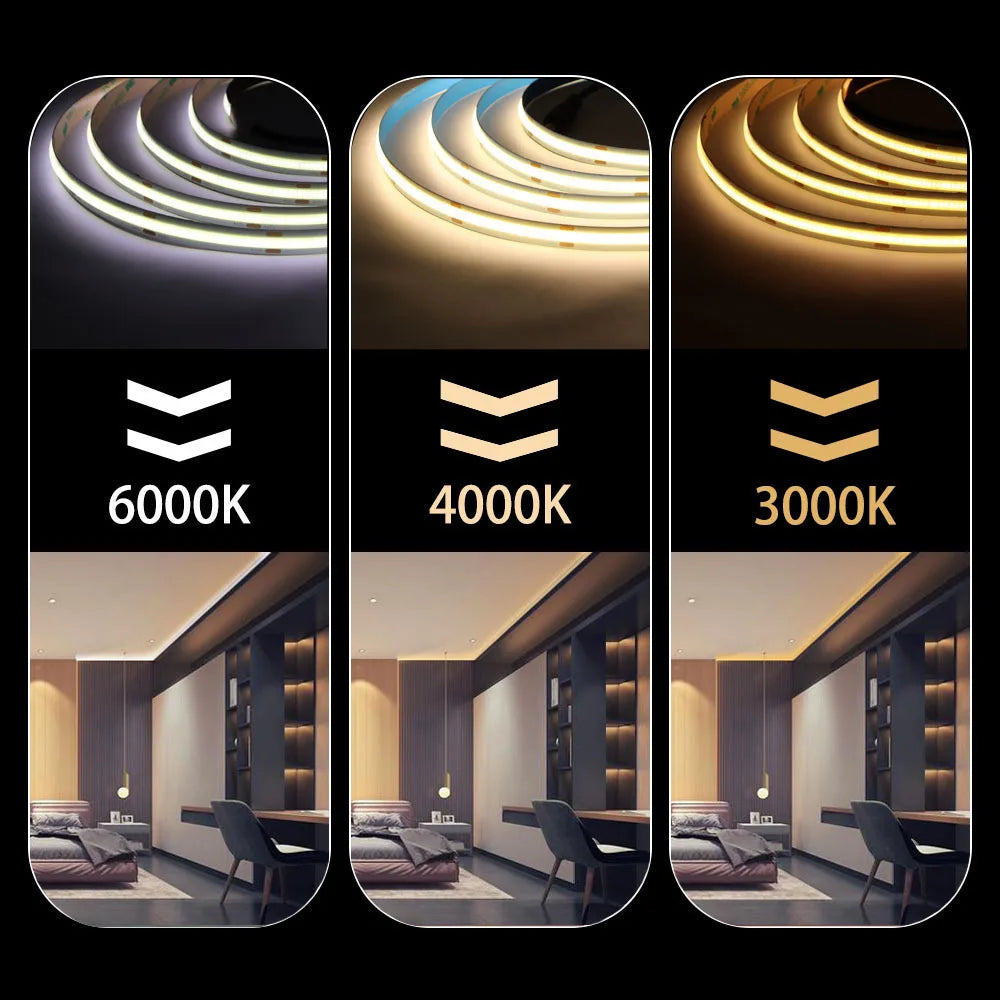 COB LED Strip Light High Density Linear Lighting 480/528Leds/m Flexible Tape Warm Natural White Red Blue Green Decor DC12/24V