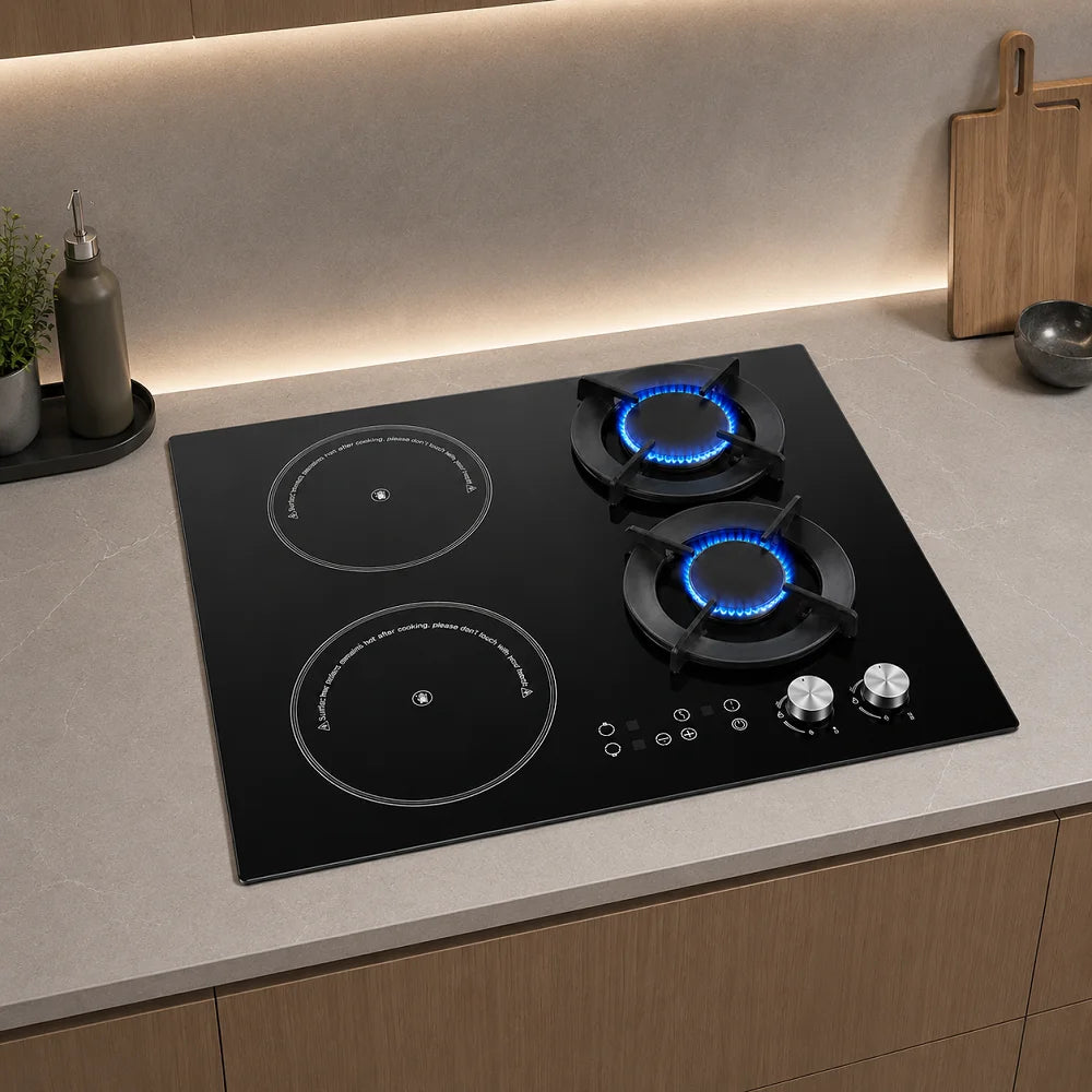 Hybrid Built-in Gas & Electric Cooktop, 2 Gas Burners + 2 Ceramic Glass Zones, Wholesale Cooker