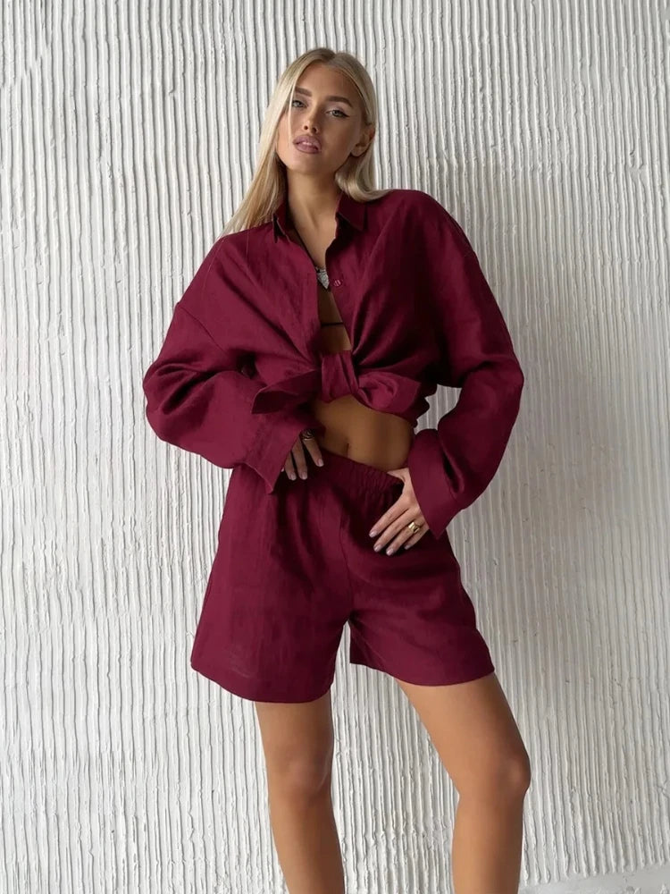 2026 Women's Chic Casual Shorts Sets 100% Cotton Solid Color Cozy Lapel Long Sleeve Shirt Summer New Elastic Waist Shorts Suits