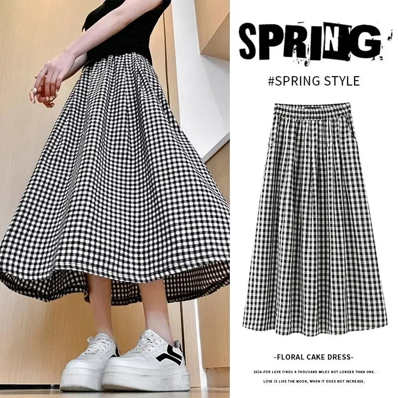 Black White Checkered A-line Skirt Women Summer Lightweight High Waisted Long Skirt for Petite Slimming Casual 2025 New