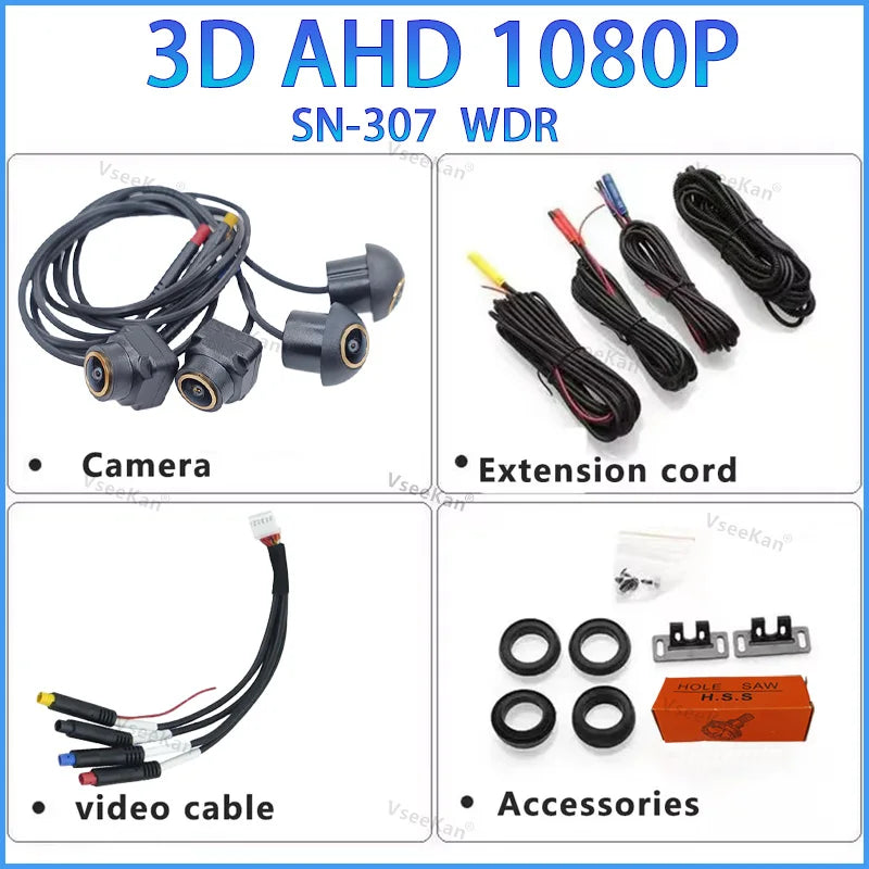 3D AHD1080P 360 Car Camera Panoramic Surround View Right Left Front Rear 4 Cameras for Android Auto 360APP Golden lens fisheye