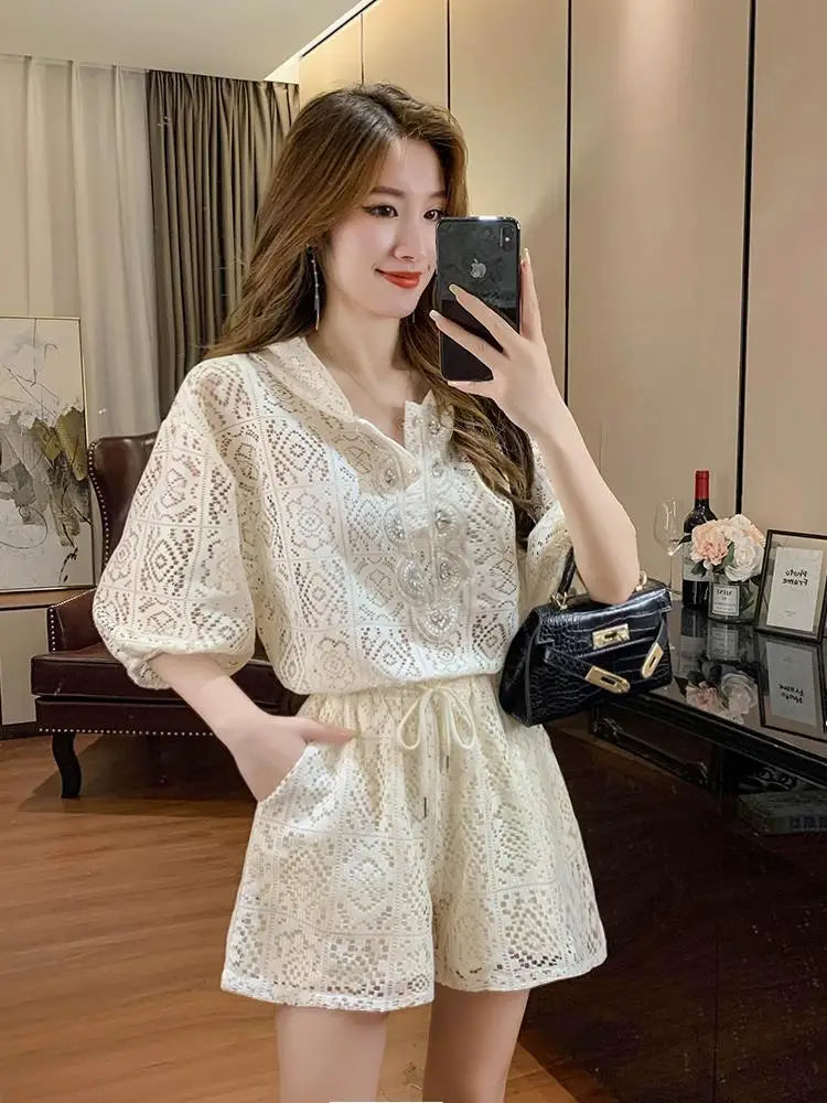 Short Sets for Women 2 Pieces Office Apricot Lace Woman Shorts Full Novelty in New Products Stylish Vacation Outfits 2025 Light