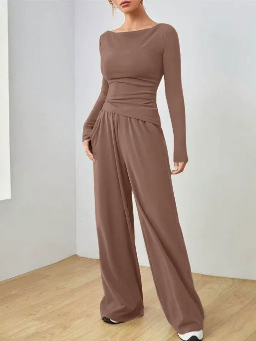 Trendy Slim Solid Color Trousers Suit For Women Simple Slim Irregular T-shirt Wide-leg Trousers Two-piece Casual Spring Suit