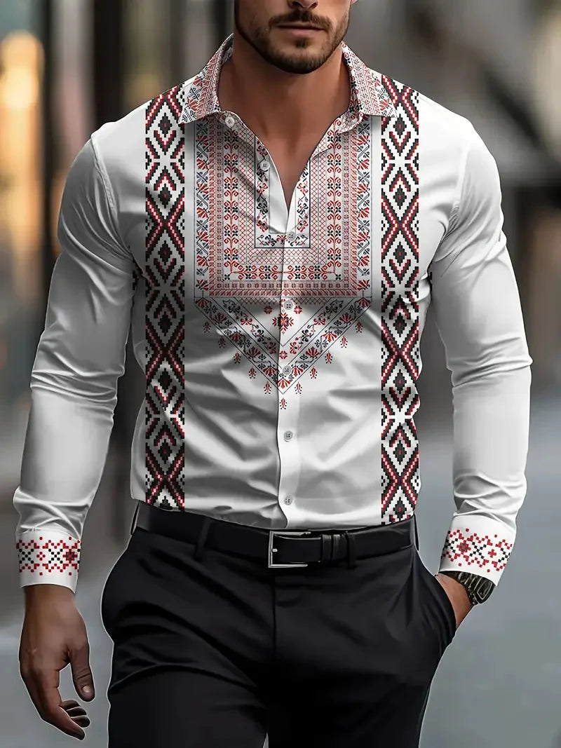 New Men's Long Sleeve Casual 3D Flower Printed Shirt Fashion Casual Spring Autumn Long Sleeve Flap Top